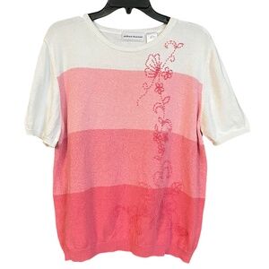 VTG Alfred Dunner Pink White Stripe Floral Embroidered Short Sleeve Sweater Sz L